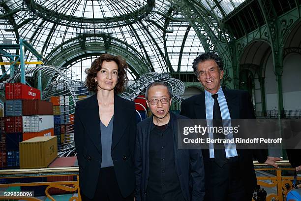 French Minister of Culture and Communication, Audrey Azoulay, Artist Huang Yong Ping and President of the 'Institut du Monde Arabe' Jack Lang attend...