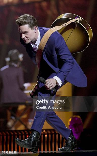 Douwe Bob of Netherland performs during dress rehearsal of 2016 Eurovision Song Contest at Ericsson Globe Arena in Stockholms, Sweden on May 9, 2016....