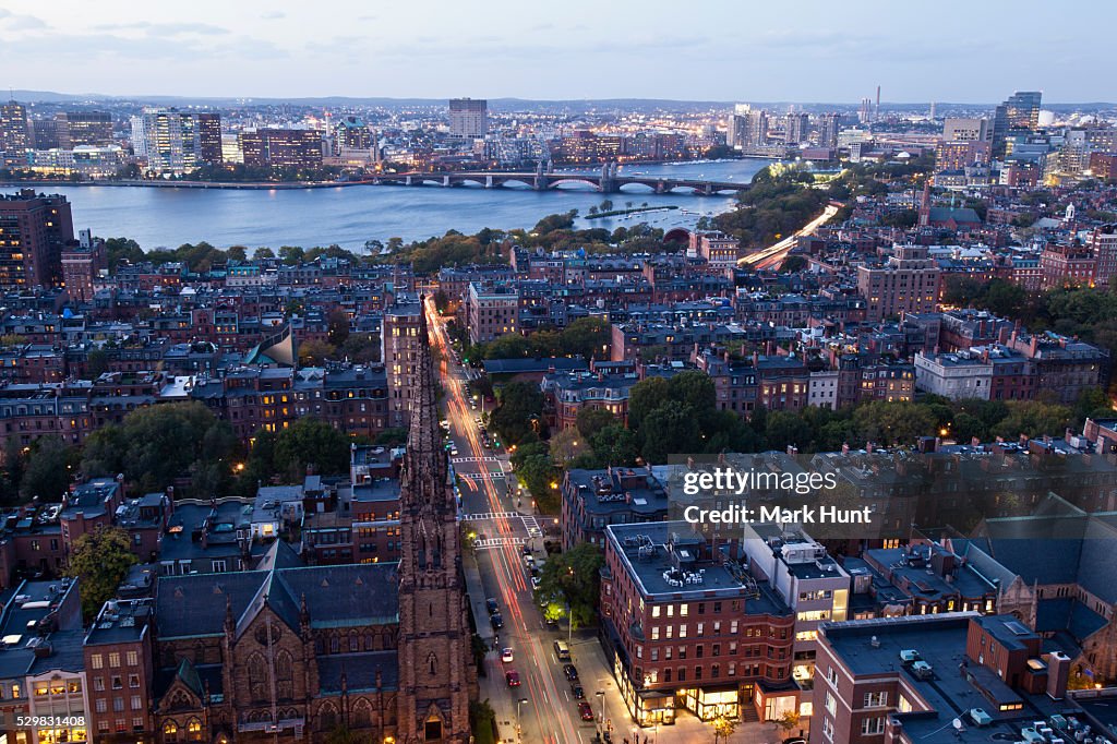 High angle view of Back Bay Boston, Berkeley Street and The Charles River at dusk, Boston, Massachusetts, USA