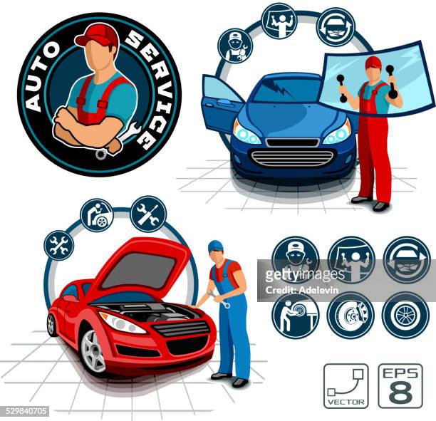 car repair shop vector set - bonnet stock illustrations