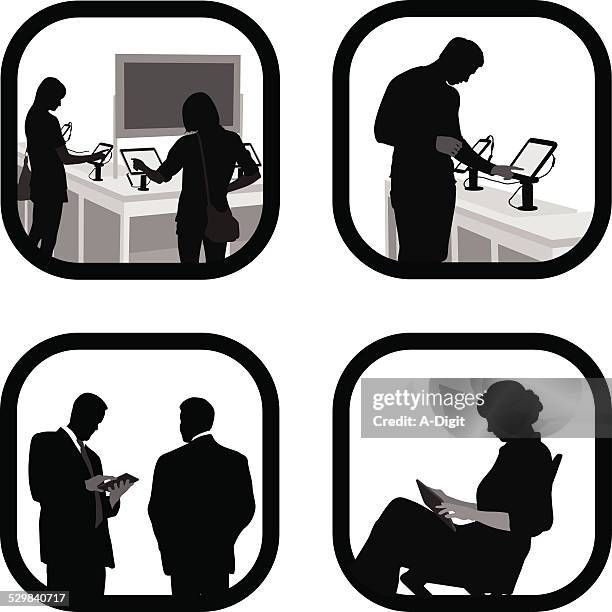 buyingtablets - man reading tablet stock illustrations