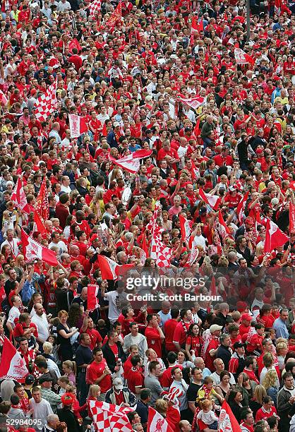 Liverpool fans pack the streets as they wait for their team to arrive at St. George's Hall during the Liverpool Champions League Victory Parade on...