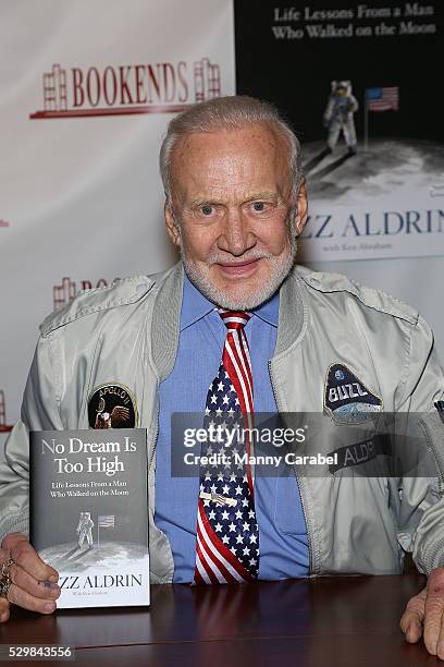 Buzz Aldrin signs copies of his new book "No Dream Is Too High: Life Lessons From A Man Who Walked On The Moon" at Bookends Bookstore on May 9, 2016...