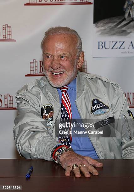 Buzz Aldrin signs copies of his new book "No Dream Is Too High: Life Lessons From A Man Who Walked On The Moon" at Bookends Bookstore on May 9, 2016...