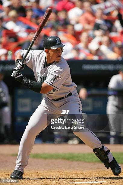 Miguel Cabrera of the Florida Marlins bats against the New York Mets during the game at Shea Stadium on April 16, 2005 in Flushing, New York. The...
