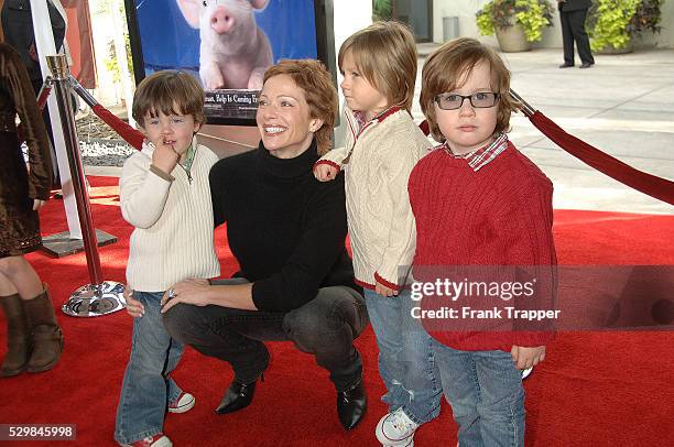 Actress Lauren Holly arrives with her sons at the premiere of "Charlotte's Web" held at the ArcLight Cinema in Hollywood.