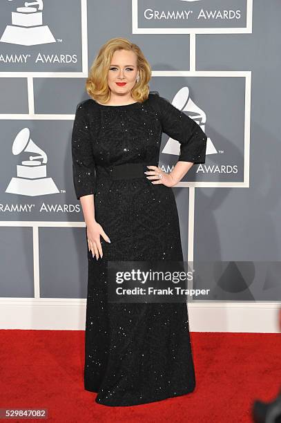 Singer Adele arrives at the 54th Annual GRAMMY Awards held at the Staples Center.