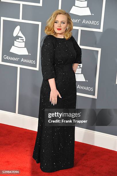 Singer Adele arrives at the 54th Annual GRAMMY Awards held at the Staples Center.