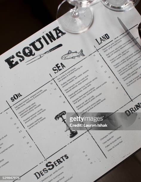 the menu placemats at esquina, jiak chuan road, singapore - lauryn ishak stock pictures, royalty-free photos & images