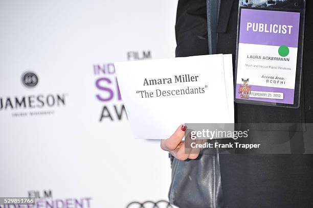 Actress Amara Miller arrives at the 2012 Film Independent Spirit Awards.