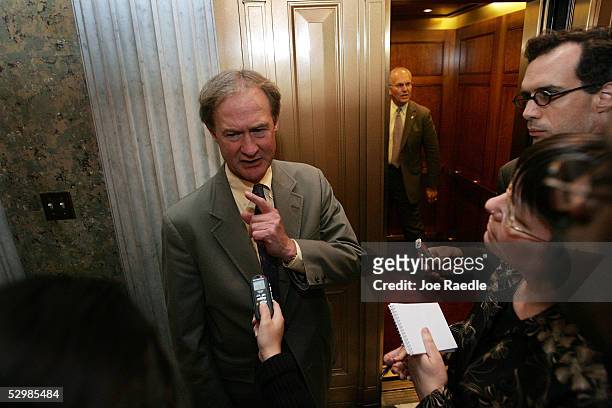 Senator Lincoln Chafee speaks to reporters after leaving the senate floor May 26, 2005 in Washington, DC. The Senate failed to invoke cloture with a...