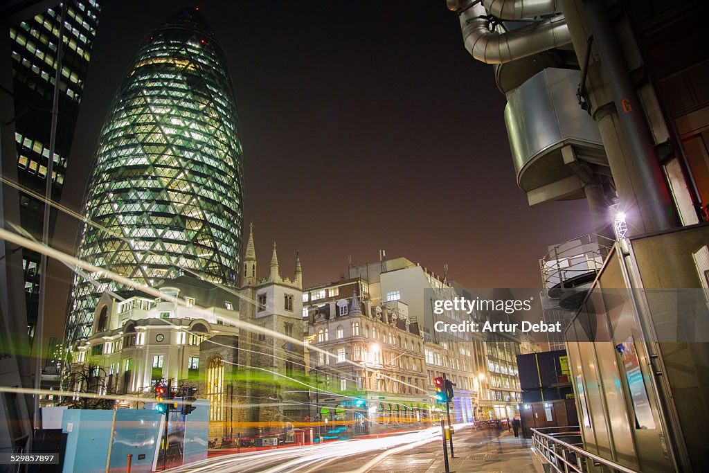 30 St Mary Axe building at night with car lights