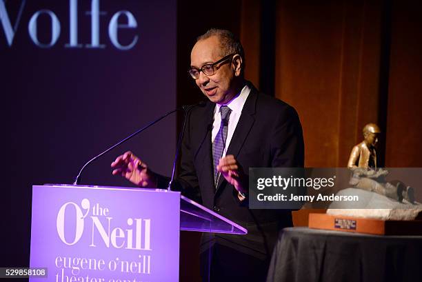 Honoree George C. Wolfe speaks onstage at the 16th Annual Monte Cristo Award ceremony honoring George C. Wolfe presented by The Eugene O'Neill...