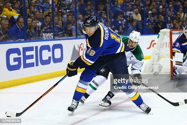 Jay Bouwmeester of the St. Louis Blues handles the puck against the Dallas Stars in Game Six of the Western Conference Second Round during the 2016...