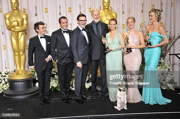 Producer Thomas Langmann, actor Jean Dujardin, director Michel Hazanavicius, actors James Cromwell, Berenice Bejo, Uggie the dog, Penelope Ann...