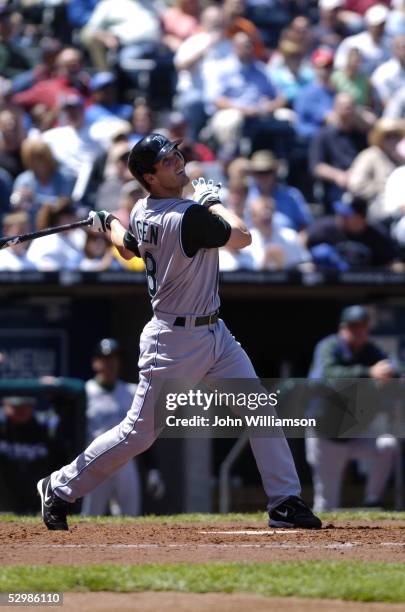 Nick Green of the Tampa Bay Devil Rays bats during the game against the Kansas City Royals at Kauffman Stadium on May 15, 2005 in Kansas City,...