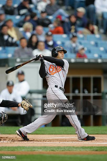 Brian Roberts of the Baltimore Orioles bats during the game against the Chicago White Sox at U.S. Cellular Field on May 15, 2005 in Chicago,...