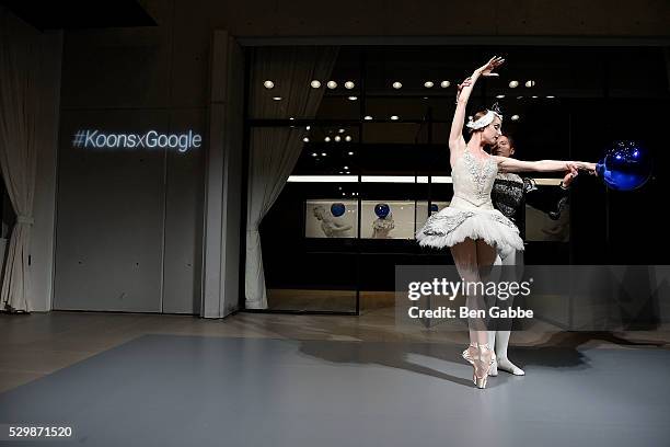 New York City Ballet dancers Ashley Laracey and Troy Schumacher perform during the Jeff Koons x Google launch on May 09, 2016 in New York, New York.