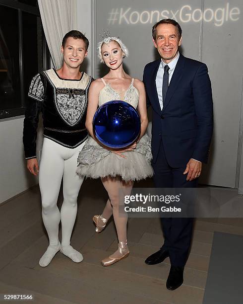 New York City Ballet dancers Troy Schumacher and Ashley Laracey with artist Jeff Koons at the Jeff Koons x Google launch on May 09, 2016 in New York,...