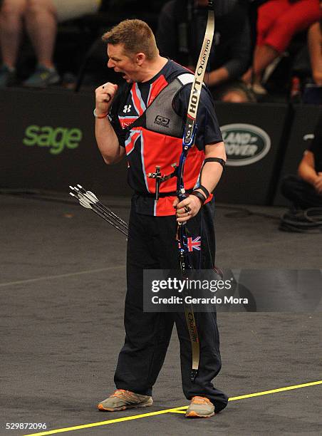 Gareth Peterson reacts during Archery Finals at the Invictus Games at ESPN Wide World of Sports complex on May 9, 2016 in Lake Buena Vista, Florida.