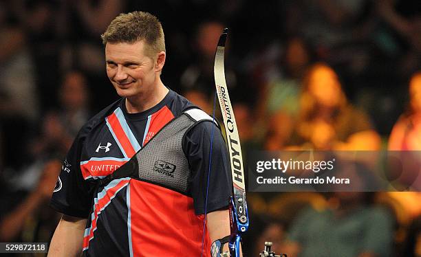 Gareth Peterson reacts during Archery Finals at the Invictus Games at ESPN Wide World of Sports complex on May 9, 2016 in Lake Buena Vista, Florida.