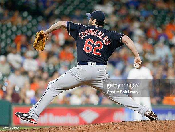 Joba Chamberlain of the Cleveland Indians pitches in the sixth inning against the Houston Astros at Minute Maid Park on May 09, 2016 in Houston,...