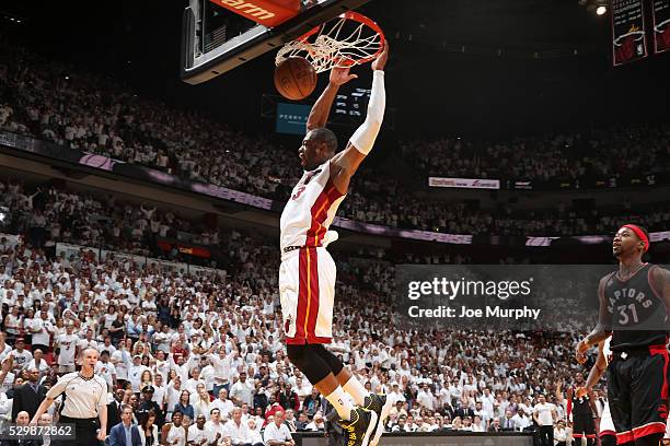 Dwyane Wade of the Miami Heat dunks against the Toronto Raptors in Game Four of the Eastern Conference Semifinals during the 2016 NBA Playoffs on May...