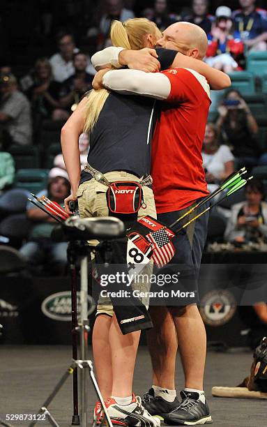 Competitors Luc Martin and Chasity Kuczer hug after the Archery Finals at the Invictus Games at ESPN Wide World of Sports complex on May 9, 2016 in...