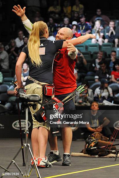 Competitors Luc Martin and Chasity Kuczer hug after the Archery Finals at the Invictus Games at ESPN Wide World of Sports complex on May 9, 2016 in...