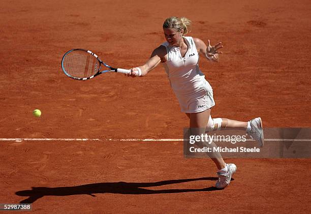 Kim Clijsters of Belgium in action during his third round match against Daniela Hantuchova of Slovakia during the fifth day of the French Open at...