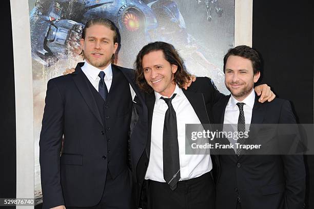 Actors Charlie Hunnam, Clifton Collins, Jr. And Charlie Day arrive at the premiere of Pacific Rim held at the Dolby Theater in Hollywood.