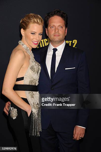 Actress Elizabeth Banks and husband Max Handelman arrives at the world premiere of "Pitch Perfect 2" held at the Nokia Theater L.A. Live.