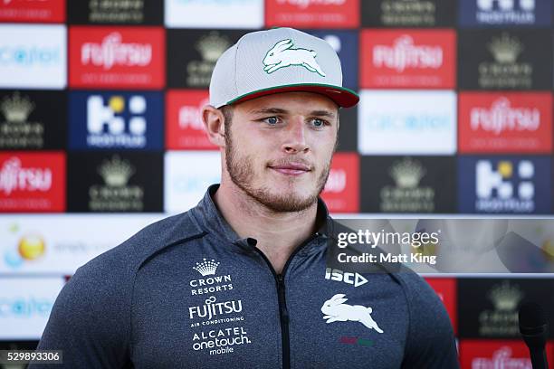 Thomas Burgess speaks to the media during a South Sydney Rabbitohs media session at Redfern Oval on May 10, 2016 in Sydney, Australia.