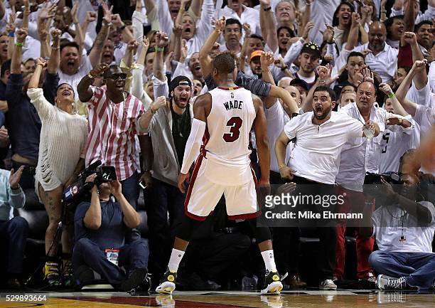 Dwyane Wade of the Miami Heat celebrates winning Game 4 of the Eastern Conference Semifinals of the 2016 NBA Playoffs against the Toronto Raptors at...