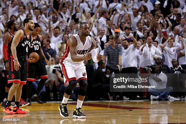 Dwyane Wade of the Miami Heat celebrates winning Game 4 of the Eastern Conference Semifinals of the 2016 NBA Playoffs against the Toronto Raptors at...