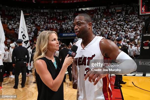 Dwyane Wade of the Miami Heat is interviewed after the game against the Toronto Raptors in Game Four of the Eastern Conference Semifinals during the...