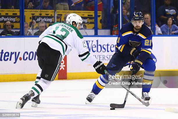 Patrik Berglund of the St. Louis Blues handles the puck against the Dallas Stars in Game Six of the Western Conference Second Round during the 2016...