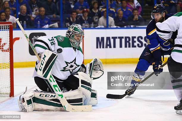 Kari Lehtonen of the Dallas Stars makes a save against the St. Louis Blues in Game Six of the Western Conference Second Round during the 2016 NHL...