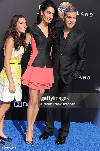 Mia Alamuddin, lawyer Amal Clooney and actor George Clooney arrive at the world premiere of "Tomorrowland" held at the AMC Downtown Disney 12...