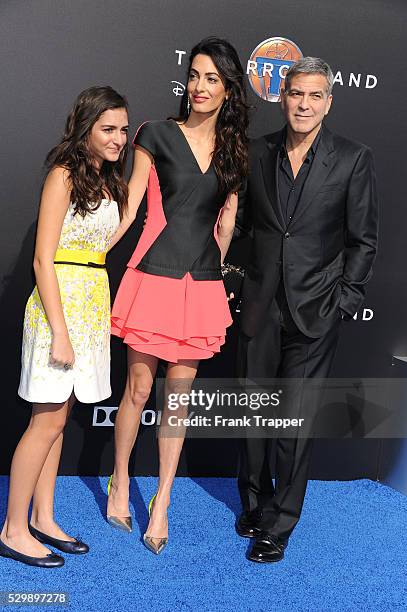 Mia Alamuddin, lawyer Amal Clooney and actor George Clooney arrive at the world premiere of "Tomorrowland" held at the AMC Downtown Disney 12...