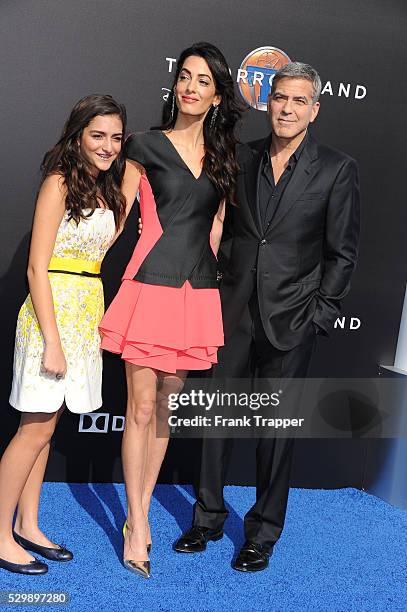 Mia Alamuddin, lawyer Amal Clooney and actor George Clooney arrive at the world premiere of "Tomorrowland" held at the AMC Downtown Disney 12...