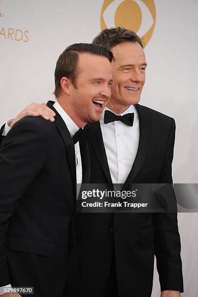 Actor Aaron Paul and Bryan Cranston arrive at the 65th Annual Primetime Emmy Awards held at the Nokia Theatre L.A.