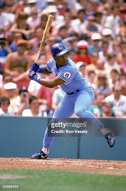 Bo Jackson of the Kansas City Royals steps into the swing during a season game. Bo Jackson played for the Kansas City Royals from 1986-1990.