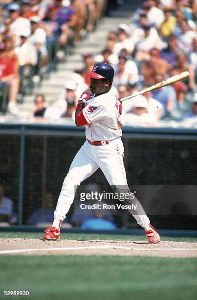 Eddie Murray of the Cleveland Indians swings at the pitch during a 1994 season game. Eddie Murray played for the Cleveland Indians from 1994-1996.
