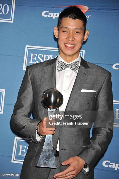 Player Jeremy Lin posing in the press room at the 2012 ESPY Awards at the Nokia Theatre L.A. Live.