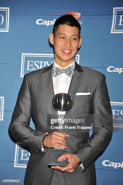 Player Jeremy Lin posing in the press room at the 2012 ESPY Awards at the Nokia Theatre L.A. Live.