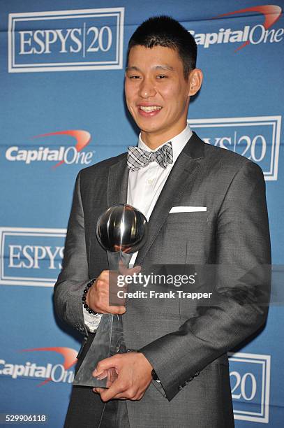 Player Jeremy Lin posing in the press room at the 2012 ESPY Awards at the Nokia Theatre L.A. Live.