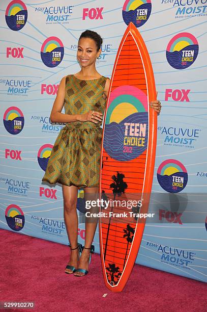 Actress Zoe Saldana posing in the press room in the press room at the 2012 Teen Choice Awards held at the Gibson Amphitheatre in Universal City,...