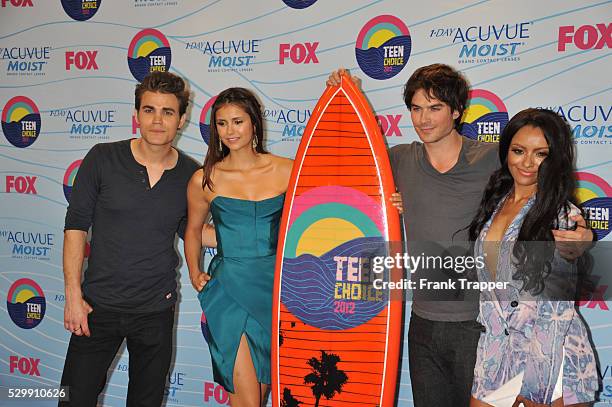 Actors Paul Wesley, Nina Dobrev, Ian Somerhalder, and Kat Graham, winners of Choice Fantasy/Sci-Fi Show award, pose in the press room at the 2012...