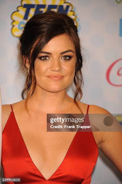 Actress Lucy Hale posing in the press room at the 2014 Teen Choice Awards held at the Shrine Auditorium.